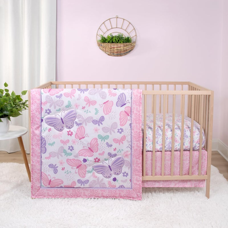The Peanut Shell 3 Piece Baby Crib Bedding Set for Girls - Newborn, Infant & Toddler Nursery Bed Set Decor with Fitted Crib Sheet, Dust Ruffle, Crib Comforter - Butterfly Song - Image 1